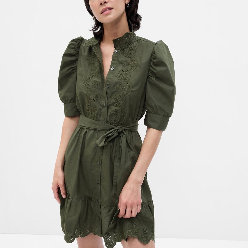 GAP NAVY Puff Sleeve Eyelet Mini Dress Eyelet Mini Shirtdress sz L